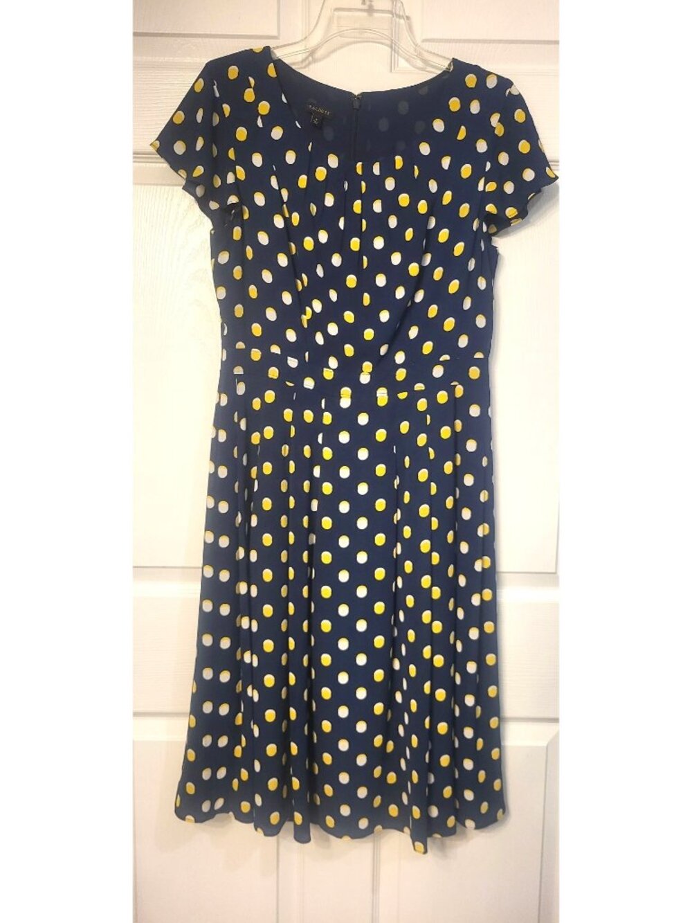 Womens Talbots Navy Blue Yellow/White Polka Dot Midi Dress 4 Pleats Chiffon Zip